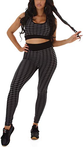 Jela London Damen Fitness Zweiteiler Sport-Set Crop-Top High-Waist Leggings Slim-Fit, Dunkelgrau 34-36 von Jela London
