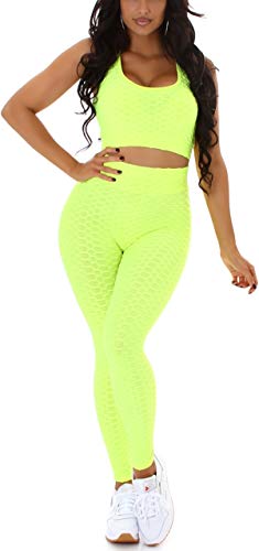 Jela London Damen Fitness Zweiteiler Sport-Set Crop-Top High-Waist Leggings Slim-Fit, Neongelb 34-36 von Jela London