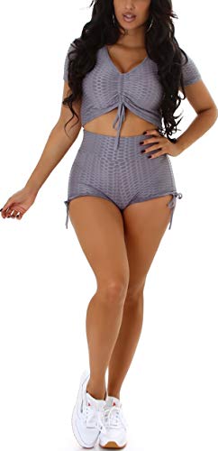 Jela London Damen Fitness Zweiteiler Sport-Set Crop-Top Schnürung High-Waist Shorts Bodycon, Grau 34-36 von Jela London