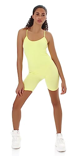 Jela London Damen Freizeit Jumpsuit Spaghettiträger Feinripp Einteiler Stretch, Gelb 36-38 (M/L) von Jela London