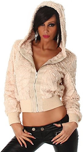 Jela London Damen Glitzer Kapuzen Jacke Cropped Fransen Pailletten Logo Fell Kapuze Strass Applikation, Beige 38 von Jela London