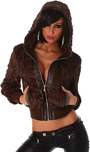 Jela London Damen Glitzer Kapuzen Jacke Cropped Fransen Pailletten Logo Fell Kapuze Strass Applikation, Dunkel Braun 38 von Jela London