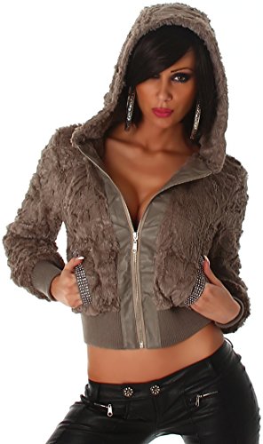 Jela London Damen Glitzer Kapuzen Jacke Cropped Fransen Pailletten Logo Fell Kapuze Strass Applikation, Hell Braun 40 von Jela London