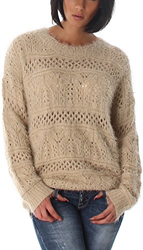 Jela London Damen Oversize Häkel Pullover Glitzer Fransen, Beige 38 40 von Jela London