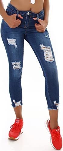 Jela London Damen High Waist Capri Jeans Skinny Stretch 7/8 Destroyed Risse Fransen, Blau 34-36 von Jela London