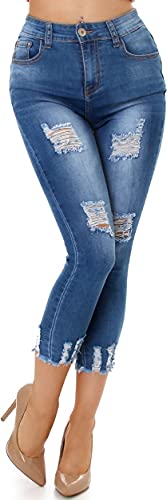 Jela London Damen High Waist Capri Jeans Skinny Stretch Destroyed, Blau 32-34 von Jela London