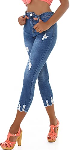 Jela London Damen High Waist Capri Jeans Skinny Stretch Destroyed, Blau 32-34 von Jela London