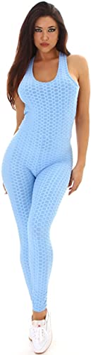 Jela London Damen High-Waist Fitness Einteiler Latzhose Freizeit Yoga Gymastik Sport Leggings Slim-Fit, Hellblau 34-36 von Jela London
