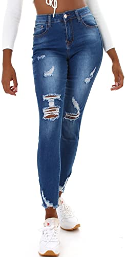 Jela London Damen High Waist Jeans Destroyed Frayed Skinny Stretch, Dunkelblau 34-36 von Jela London