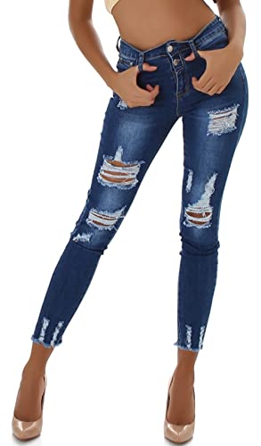 Jela London Damen High Waist Jeans Destroyed Frayed Skinny Stretch, Dunkelblau 34-36 von Jela London