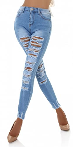 Jela London Damen High-Waist Jeans Destroyed Frayed Skinny Stretch Bleached, Hellblau 34-36 von Jela London