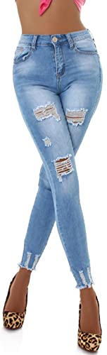 Jela London Damen High-Waist Jeans Destroyed Frayed Skinny Stretch Bleached, Hellblau 36-38 von Jela London