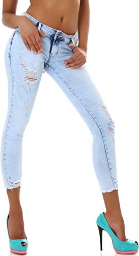 Jela London Damen High Waist Jeans Skinny Push Up Stretch Destroyed Risse Frayed Fransen Washed Bleached, Hellblau 32-34 von Jela London