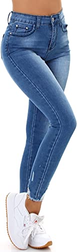 Jela London Damen High Waist Jeans Stretch Skinny Bein-Risse Fransen, Blau 34-36 von Jela London