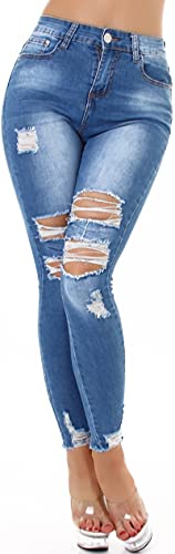 Jela London Damen High Waist Jeans Stretch Skinny schlank Risse Löcher Fransen, Blau 32-34 von Jela London