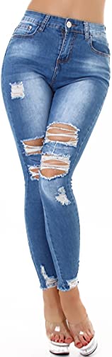 Jela London Damen High Waist Jeans Stretch Skinny schlank Risse Löcher Fransen, Blau 34-36 von Jela London