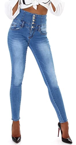 Jela London Damen High Waist Jeans Knopfleiste Stretch Skinny Slim, Hellblau 36 von Jela London