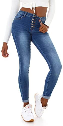 Jela London Damen High Waist Jeans Skinny Stretch Knopfleiste Stone-Washed Slim, Blau 38-40 von Jela London