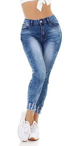 Jela London Damen High Waist Jeans Stretch Denim Batik Fray, Blau 38 von Jela London