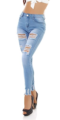 Jela London Damen High Waist Jeans Stretch Destroyed Löcher Risse Fray, Hellblau 38 von Jela London