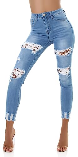 Jela London Damen High Waist Jeans Stretch Destroyed Netz Spitze Fransen, Hellblau 36 von Jela London