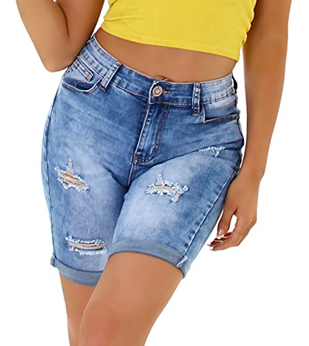 Jela London Damen High Waist Jeansshorts Destroyed Stretch Skinny Washed Denim, Hellblau 34-36 von Jela London
