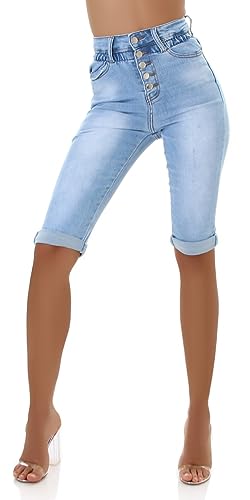 Jela London Damen High Waist Jeansshorts Hellblau Knopfleiste Gebleicht, 38 von Jela London