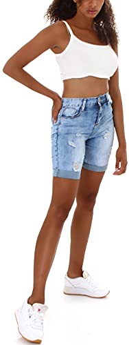 Jela London Damen High Waist Jeansshorts Stretch Jeans Skinny Destroyed Bleached, Hellblau 34-36 von Jela London