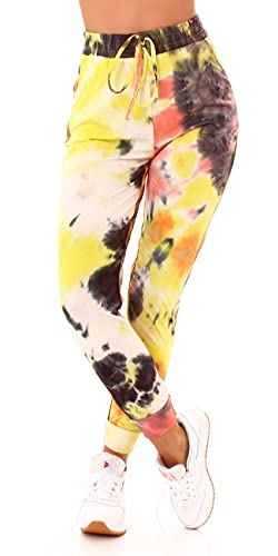 Jela London Damen High-Waist Jogginghose Freizeithose Batik, Gelb 40-42 (LXL) von Jela London