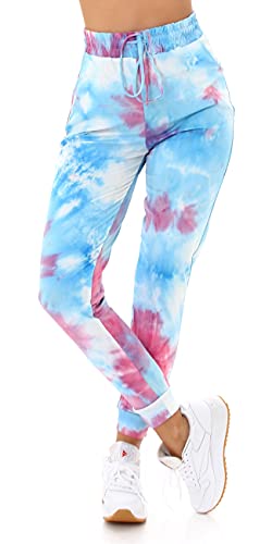 Jela London Damen High-Waist Jogginghose Freizeithose Batik, Hellblau 36-38 (SM) von Jela London