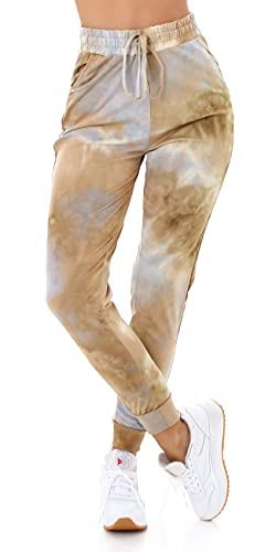 Jela London Damen High-Waist Jogginghose Freizeithose Batik, Hellbraun 40-42 (LXL) von Jela London