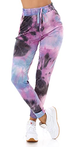 Jela London Damen High-Waist Jogginghose Freizeithose Batik, Violett 36-38 (SM) von Jela London