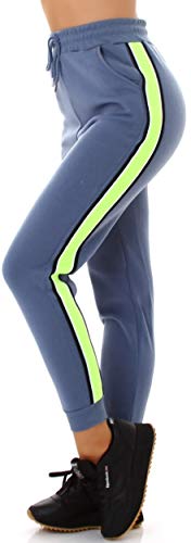 Jela London Damen High Waist Jogginghose Skinny Stretch Streifen Neongelb, Blau 36-38 (S/M) von Jela London