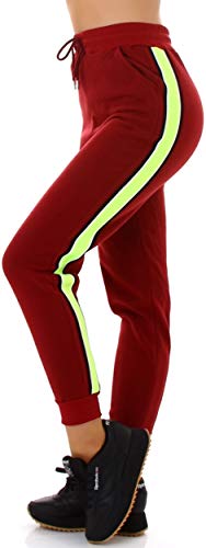 Jela London Damen High Waist Jogginghose Skinny Stretch Streifen Neongelb, Bordeaux 40-42 (L/XL) von Jela London