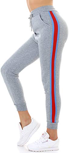 Jela London Damen High Waist Jogginghose Streifen Rot, Grau 36-38 (S/M) von Jela London