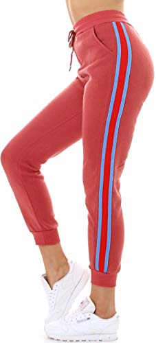 Jela London Damen High Waist Jogginghose Streifen Rot, Hellrot 36-38 (S/M) von Jela London