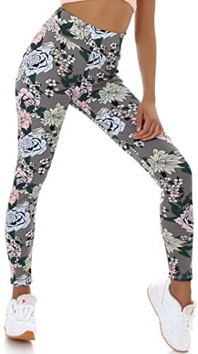 Jela London Damen High-Waist Leggings lang Blumen Flower Power atmungsaktiv Stretch, Grau 38-40 (M/L) von Jela London