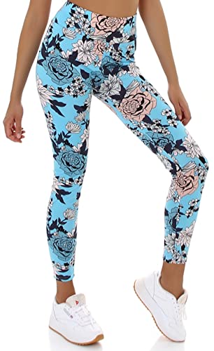 Jela London Damen High-Waist Leggings lang Blumen Flower Power atmungsaktiv Stretch, Hellblau 36-38 (S/M) von Jela London