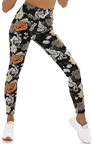 Jela London Damen High-Waist Leggings lang Blumen Flower Power atmungsaktiv Stretch, Schwarz 36-38 (S/M) von Jela London