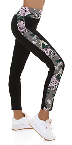 Jela London Damen High-Waist Leggings lang Hoher Bund atmungsaktiv Stretch Blumenmotiv Beinstreifen, Grau 38-40 (M/L) von Jela London