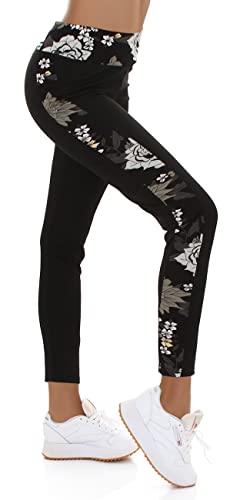 Jela London Damen High-Waist Leggings lang Hoher Bund atmungsaktiv Stretch Blumenmotiv Beinstreifen, Schwarz 38-40 (M/L) von Jela London