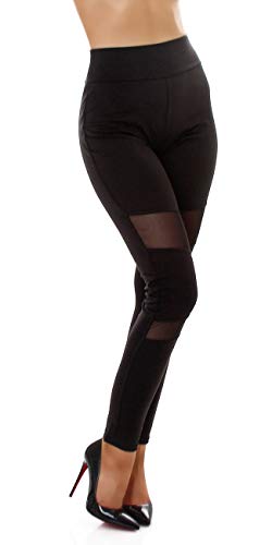 Jela London Damen High-Waist Leggings lang Schwarz Netz-Einsatz Beinstreifen, Schwarz 36-38 (S/M) von Jela London