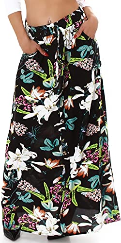 Jela London Damen High-Waist Maxi-Rock Blumen Sommer Taschen lang dünn, Schwarz 40-42 (L/XL) von Jela London