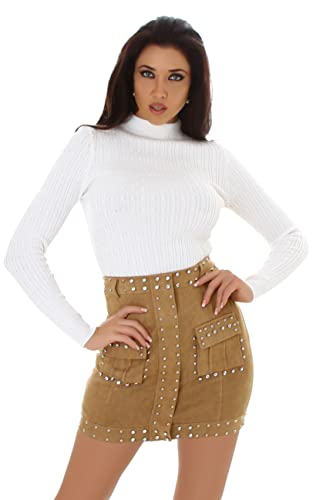Jela London Damen High-Waist Rock Glitzer Nieten Wildlederimitat Velours Patten Tasche Reißverschluss, Hellbraun M von Jela London