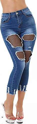 Jela London Damen High Waist Skinny Jeans Capri Stretch Risse Löcher Mesh Netz-Einsatz Destroyed, Blau 38-40 von Jela London