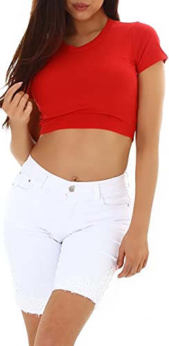 Jela London Damen High Waist Skinny Jeansshorts Stretch Häkel Spitze Fransen, Weiß 34-36 von Jela London