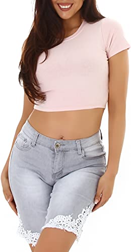 Jela London Damen High Waist Skinny Jeansshorts Stretch Häkel Spitze Fransen, Grau 36-38 von Jela London