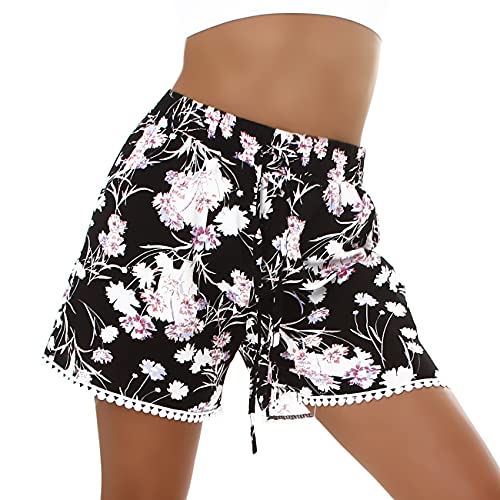 Jela London Damen High-Waist Sommer-Shorts Blumen Baumwolle Hotpants, D40 Schwarz 36-38 (S/M) von Jela London