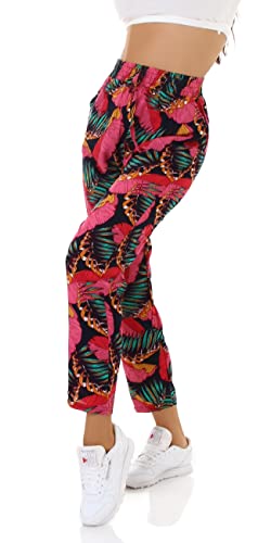 Jela London Damen High-Waist Sommerhose Freizeithose Strandhose dünn Blumen atmungsaktiv Relaxed, Pink 40-44 von Jela London