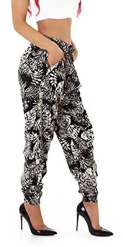 Jela London Damen High-Waist Sommerhose Freizeithose Strandhose dünn Blumen atmungsaktiv Relaxed, Schwarz 36-38 von Jela London